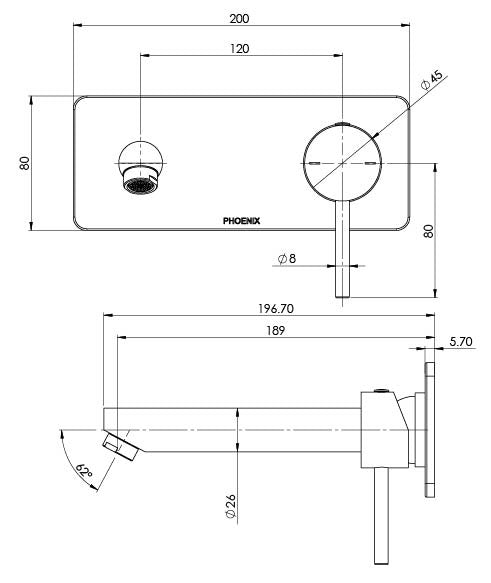 PHOENIX PINA LEAD FREE WALL BASIN / BATH MIXER SET WITH TRIM KIT AND BODY 200MM MATTE BLACK