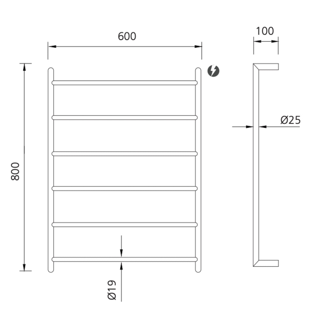 OLIVERI VENICE STAINLESS STEEL HEATED TOWEL LADDER MATTE BLACK 800MM
