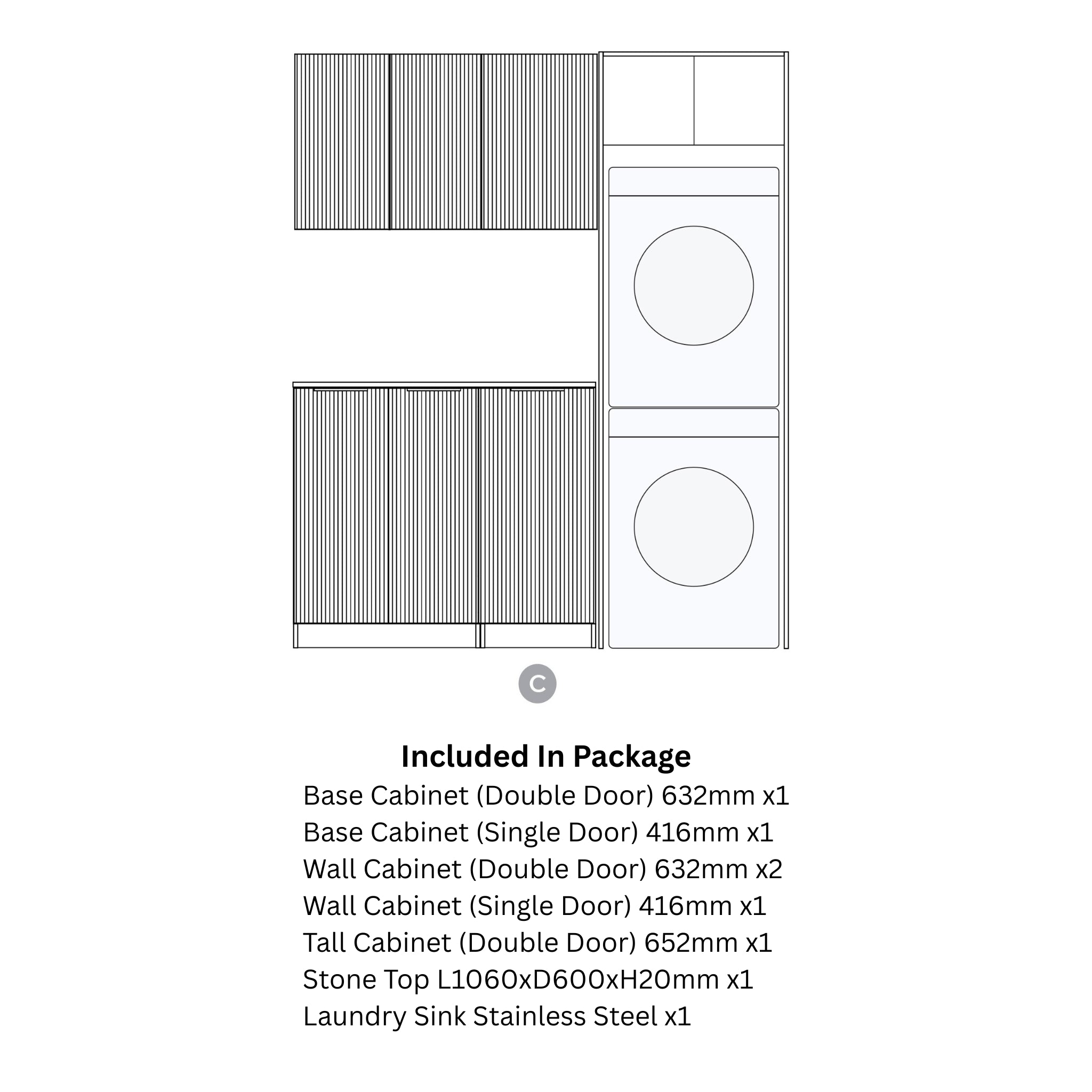 OTTI HAVANA SABLE WALNUT FLUTED 1715MM LAUNDRY AND WALL CABINET WITH STONE TOP & SINK (PACKAGE-C)