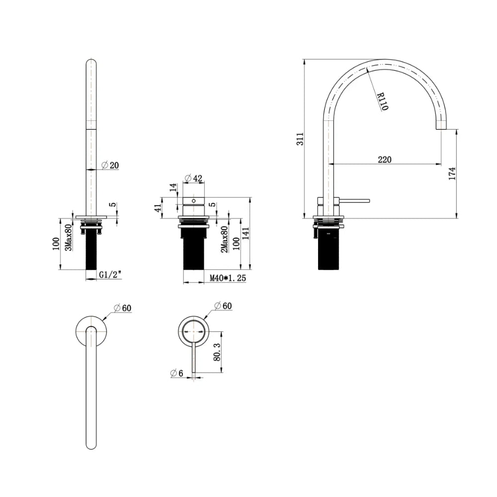 BELLA VISTA MICA LEAD FREE GOOSENECK HOB SINK/BASIN MIXER SET 311MM BLACK