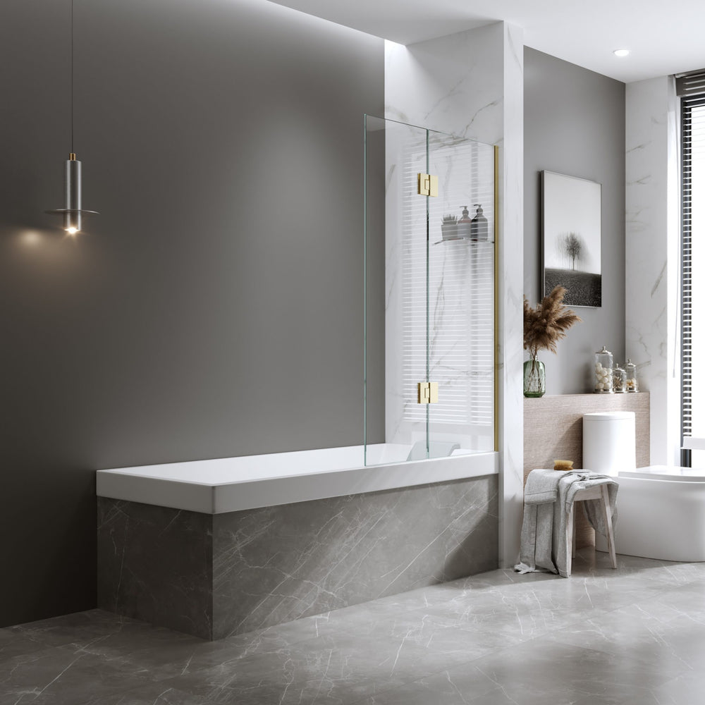 BELLA VISTA FRAMELESS FIXED AND SWING PANEL BATH SHOWER SCREEN FRENCH GOLD