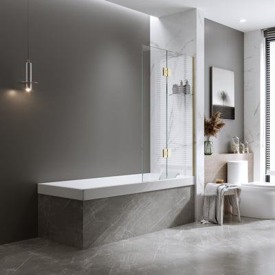 BELLA VISTA FRAMELESS FIXED AND SWING PANEL BATH SHOWER SCREEN FRENCH GOLD