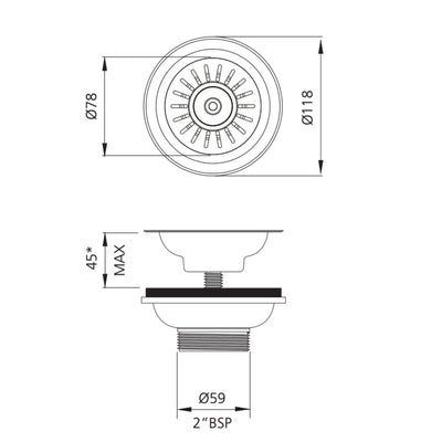 OLIVERI BASKET WASTE WITH EXTENDED SCREW LENGTH 118MM BLACK