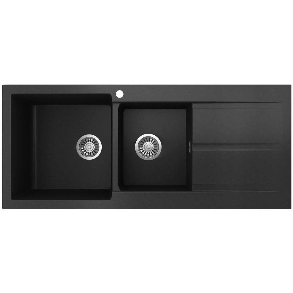 SEIMA OROS 1160 1 & 3/4 DOUBLE BOWL KITCHEN SINK WITH TAPHOLE AND DRAINER SILK MATTE BLACK 1160MM