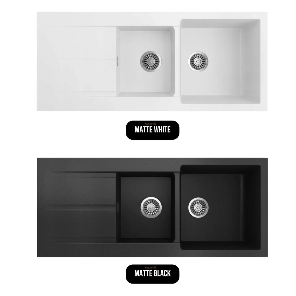 SEIMA OROS 1 & 3/4 DOUBLE BOWL KITCHEN SINK WITH DRAINER SILK MATTE BLACK 1160MM