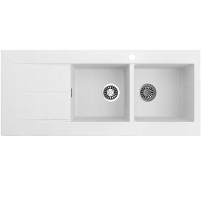 SEIMA OROS 1162 DOUBLE BOWL KITCHEN SINK WITH 1-TAPHOLE AND DRAINER SILK MATTE WHITE 1160MM