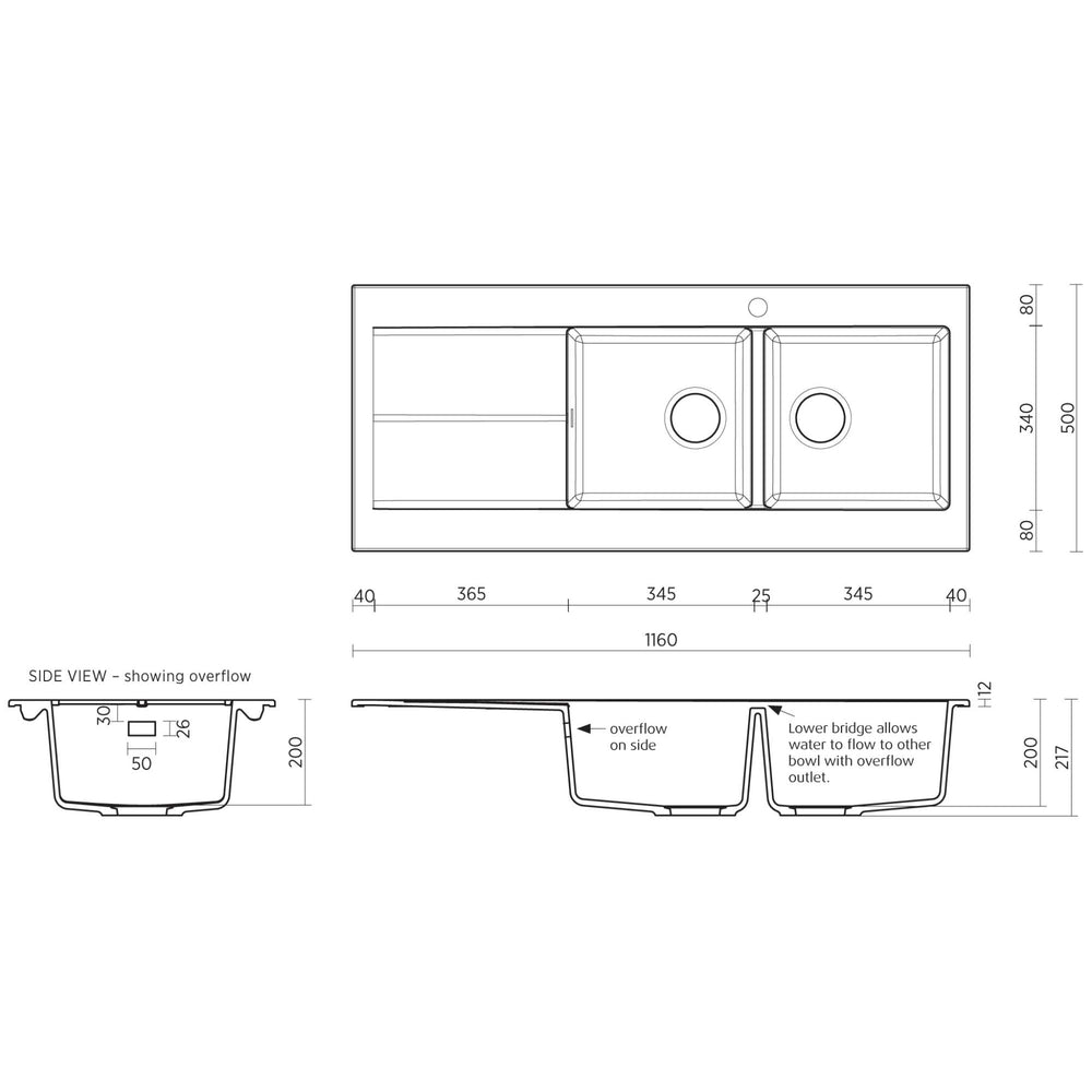 SEIMA OROS 1162 DOUBLE BOWL KITCHEN SINK WITH 1-TAPHOLE AND DRAINER SILK MATTE BLACK 1160MM