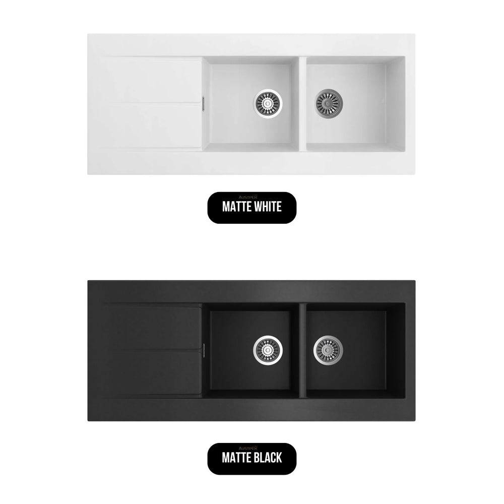 SEIMA OROS 1162 DOUBLE BOWL KITCHEN SINK WITH 1-TAPHOLE AND DRAINER SILK MATTE WHITE 1160MM