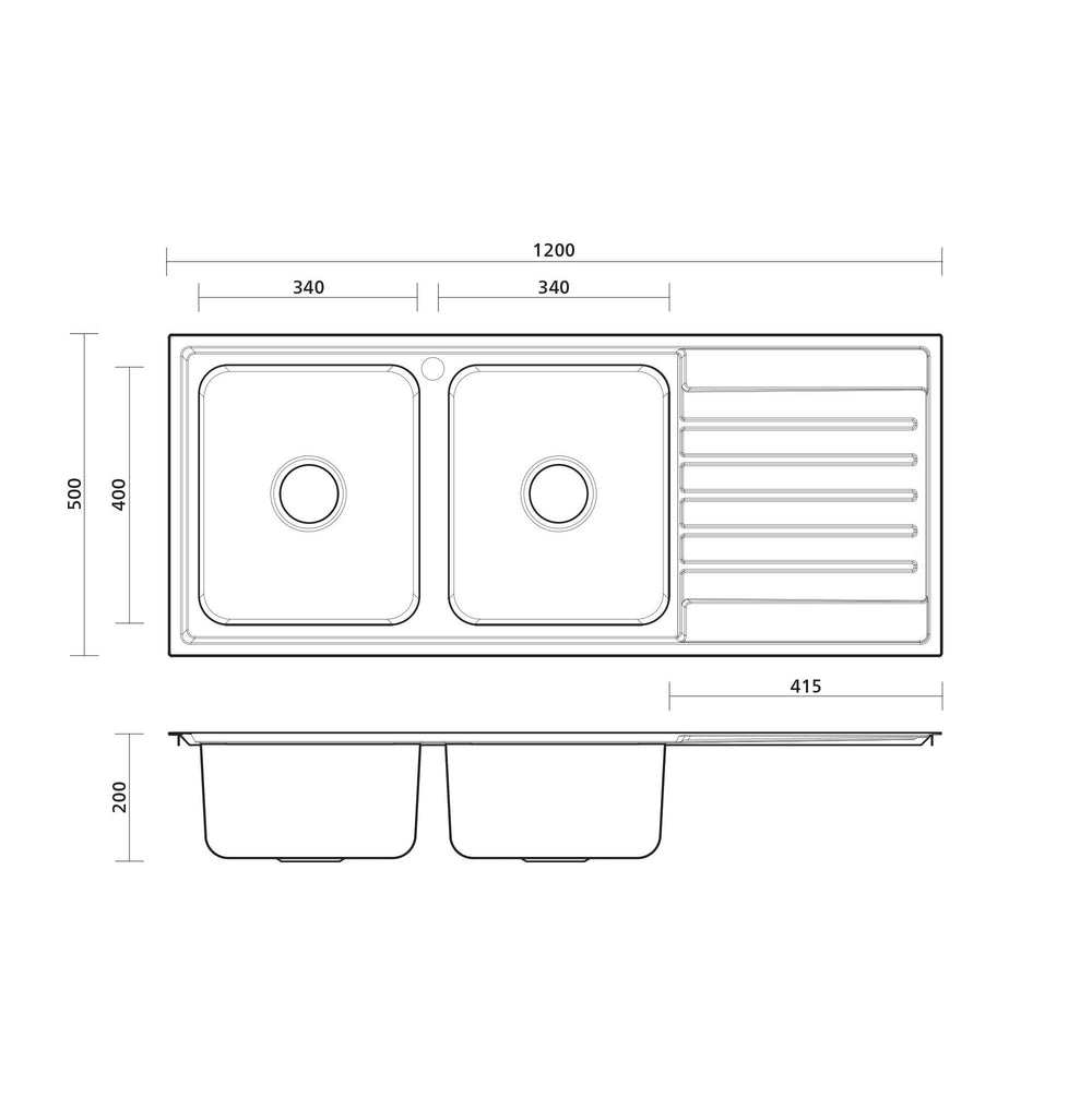 SEIMA KUBIC 200 DOUBLE BOWL KITCHEN SINK WITH DRAINER STAINLESS STEEL 1200MM
