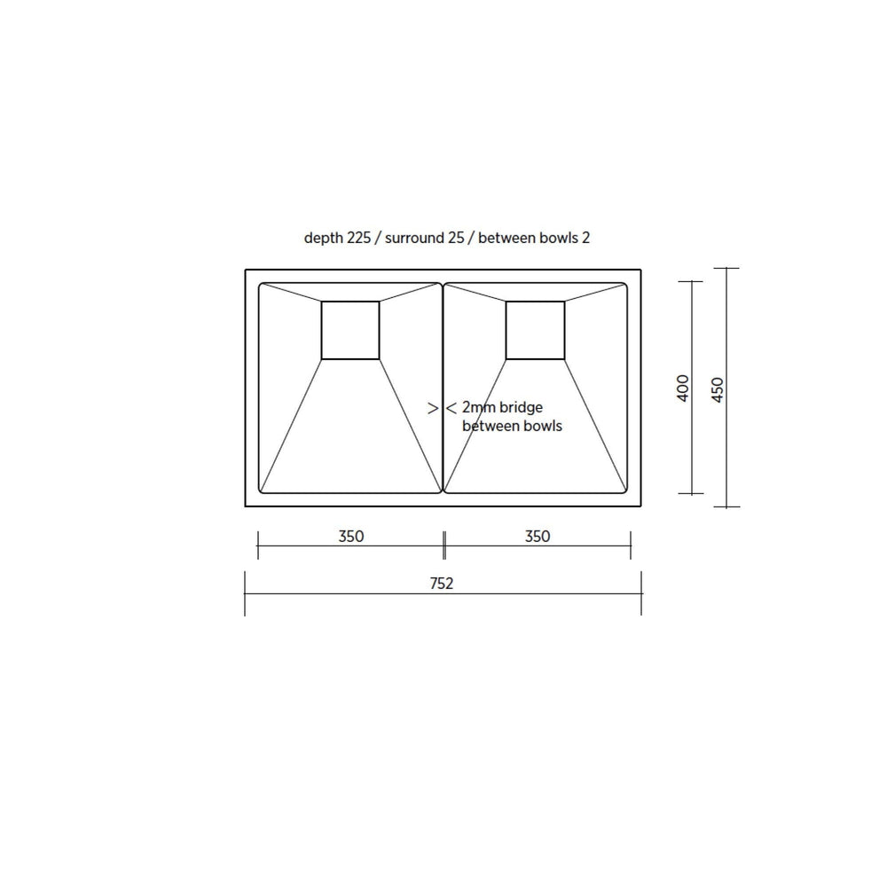 SEIMA TETRA 750 BLADE DOUBLE BOWL KITCHEN SINK STAINLESS STEEL 752MM