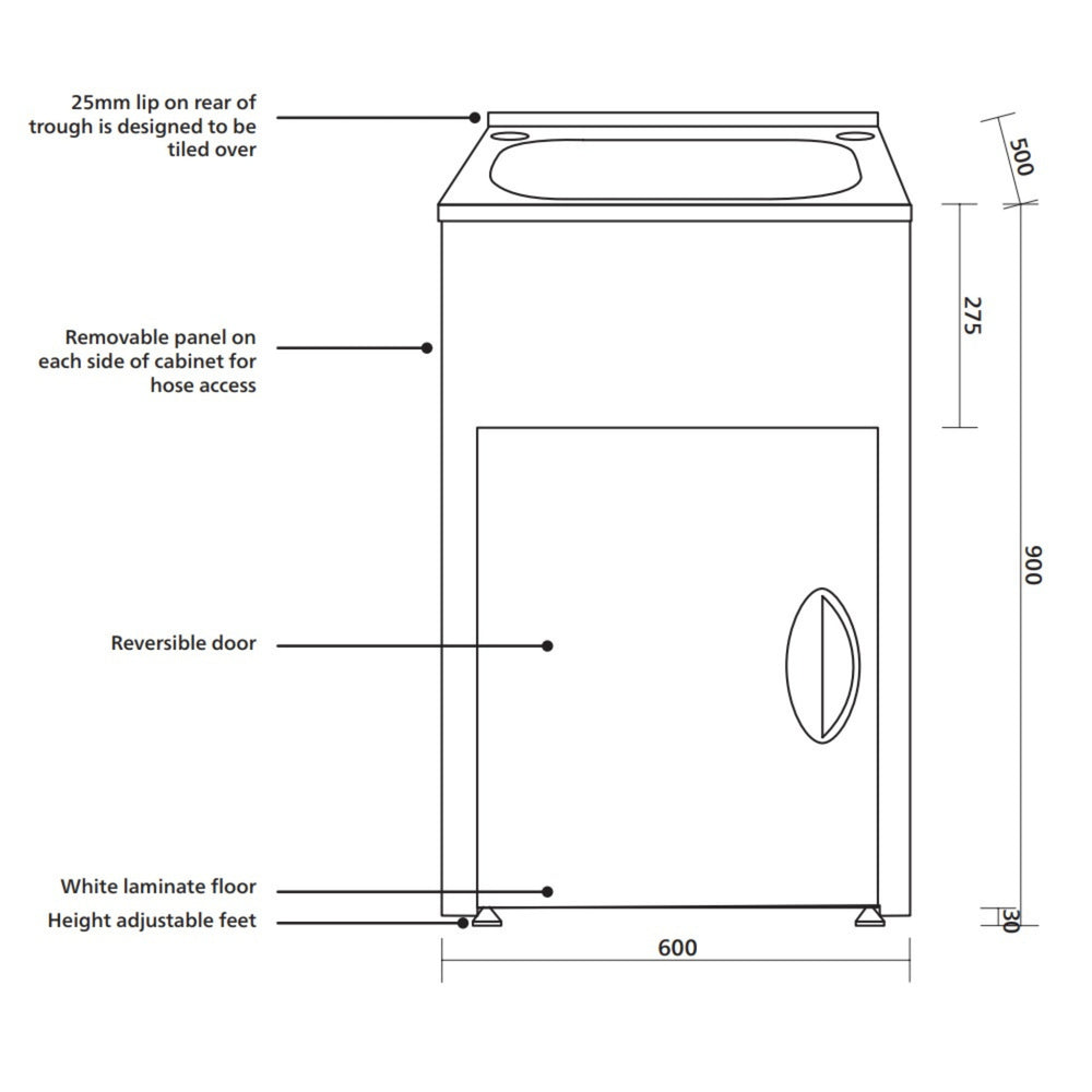 SEIMA TILOS 600 LAUNDRY CABINET WITH STAINLESS STEEL TUB WHITE 600MM