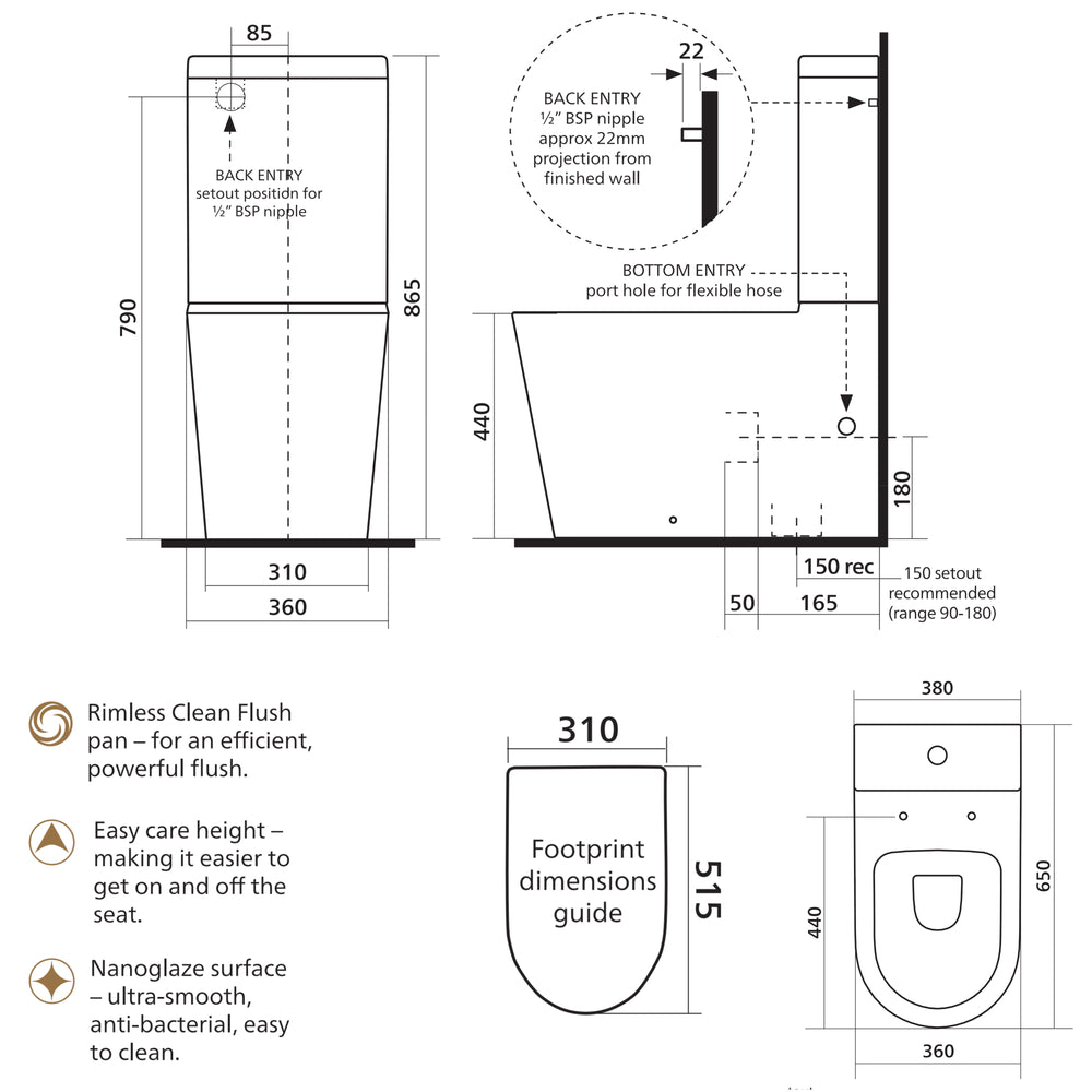 SEIMA MODIA RIMLESS CLOSE COUPLED TOILET SUITE GLOSS WHITE