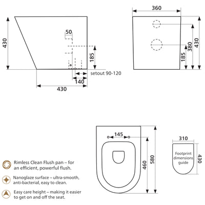 SEIMA MODIA CARE RIMLESS WALL FACED TOILET SUITE GLOSS WHITE