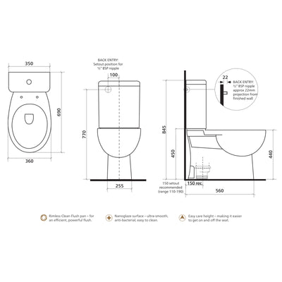 SEIMA SYROS RIMLESS CLOSE COUPLED TOILET SUITE GLOSS WHITE