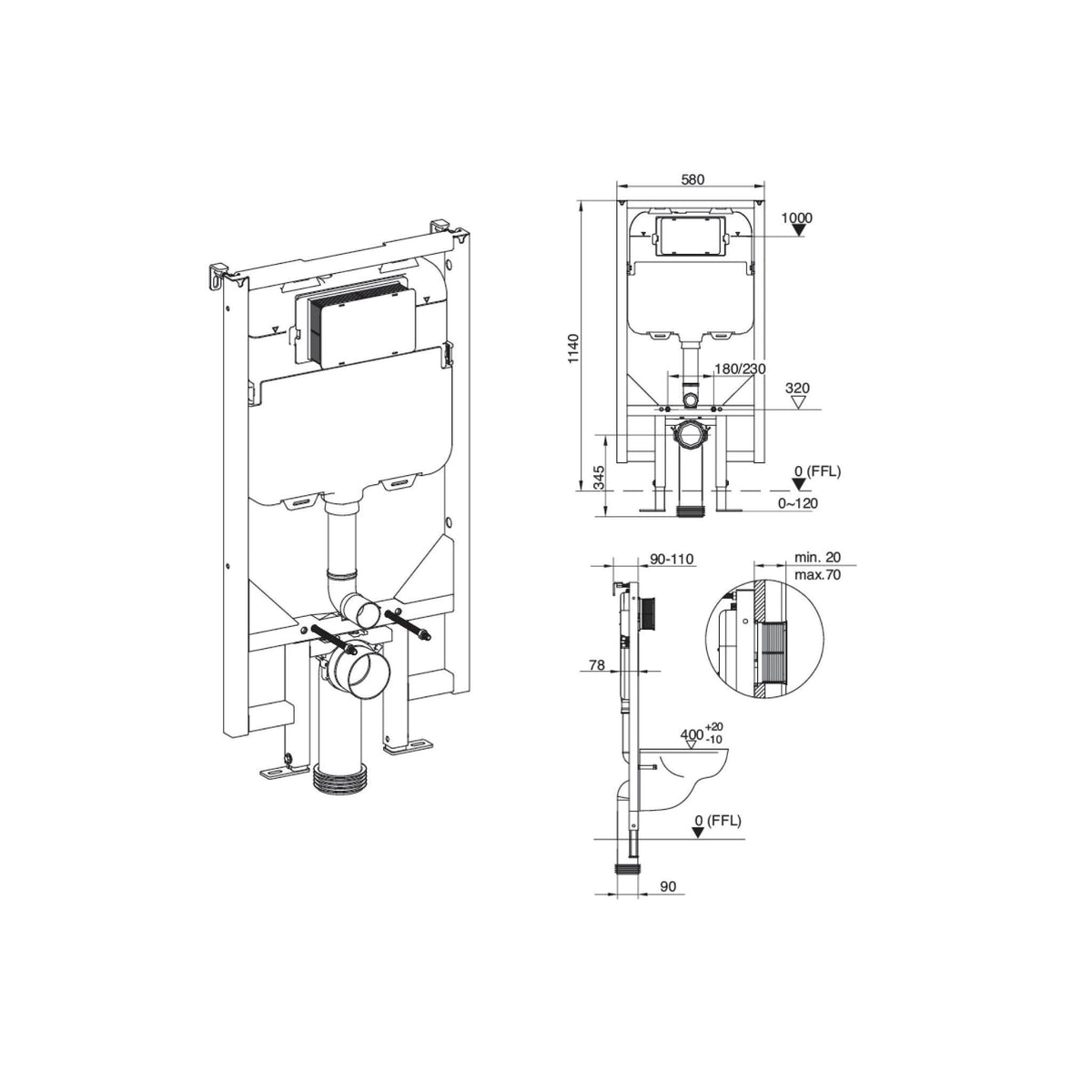 SEIMA C200 PNEUMATIC INWALL CISTERN WITH FRAME FOR WALL HUNG PAN