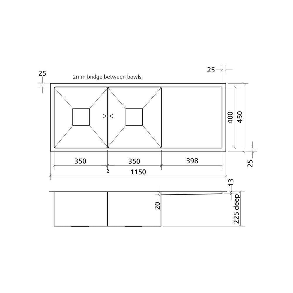 SEIMA TETRA 1150 BLADE DOUBLE BOWL KITCHEN SINK WITH DRAINER STAINLESS STEEL 1150MM