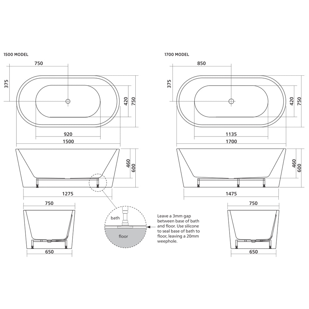 SEIMA LIMNI 101 FREESTANDING BATHTUB GLOSS WHITE (AVAILABLE IN 1500MM AND 1700MM)