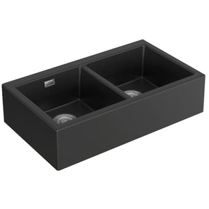 SEIMA OROS 902 DOUBLE BOWL APRON FRONT KITCHEN AND LAUNDRY SINK SILK MATTE BLACK 900MM