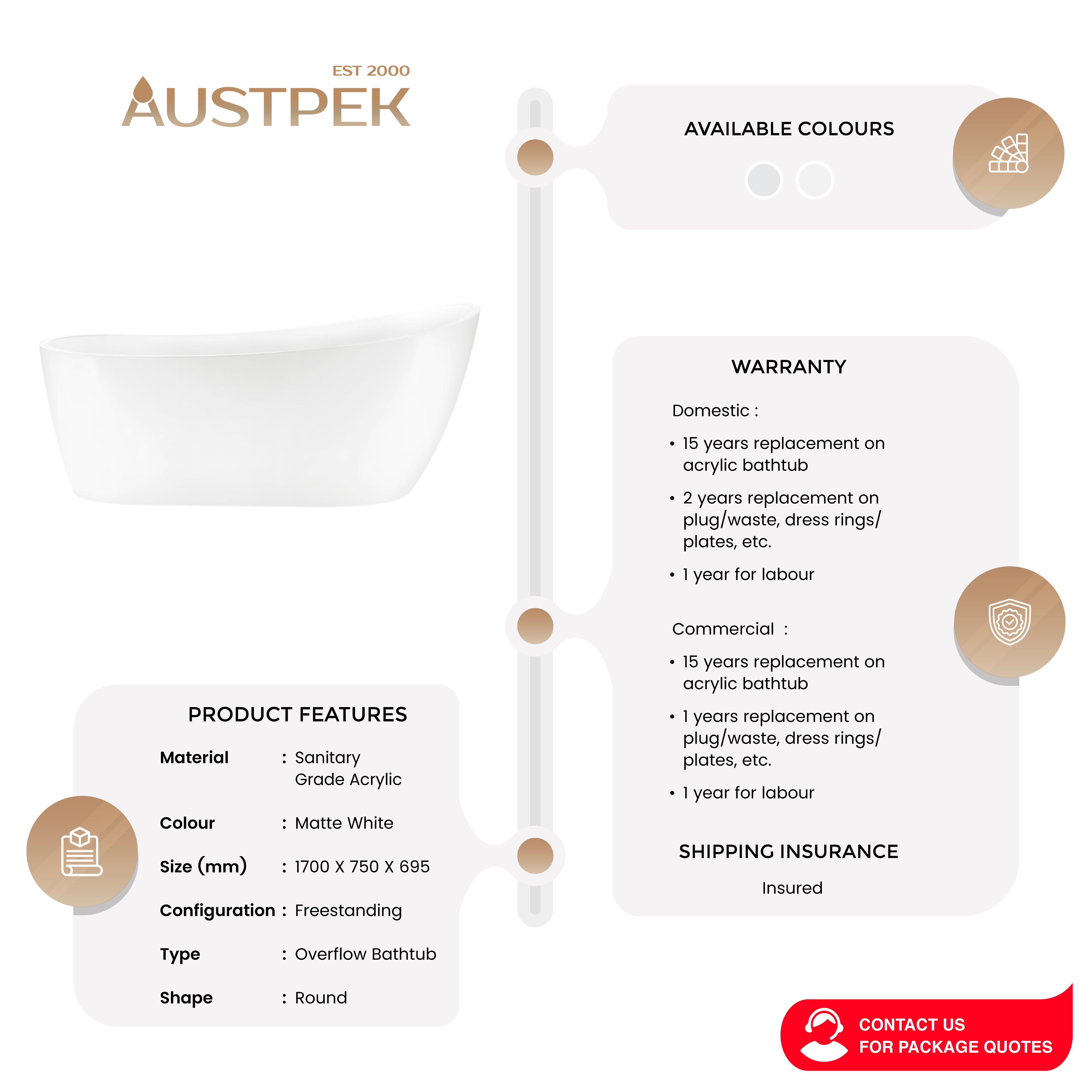 SEIMA ARKO 140 FREESTANDING BATHTUB WITH OVERFLOW MATTE WHITE 1700MM