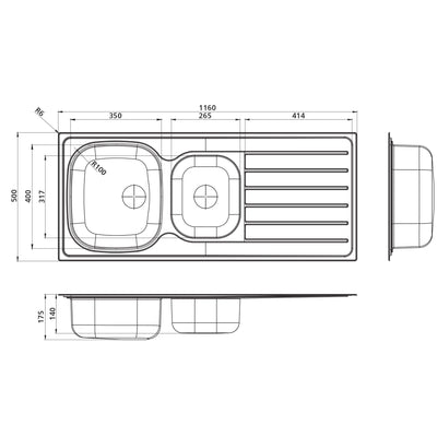 SEIMA ACERO 1160 1 & 3/4 BOWL KITCHEN SINK WITH DRAINER STAINLESS STEEL 1160MM
