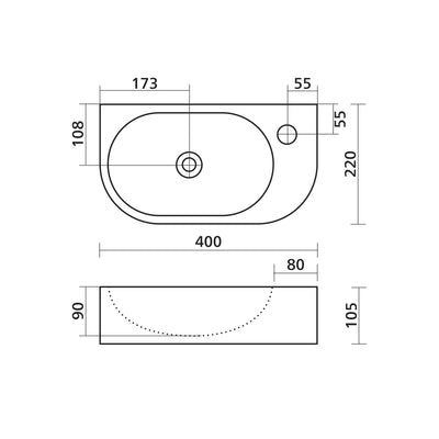 SEIMA ARKO 485 WALL HUNG BASIN WITH TAPHOLE SILK MATTE WHITE 400MM