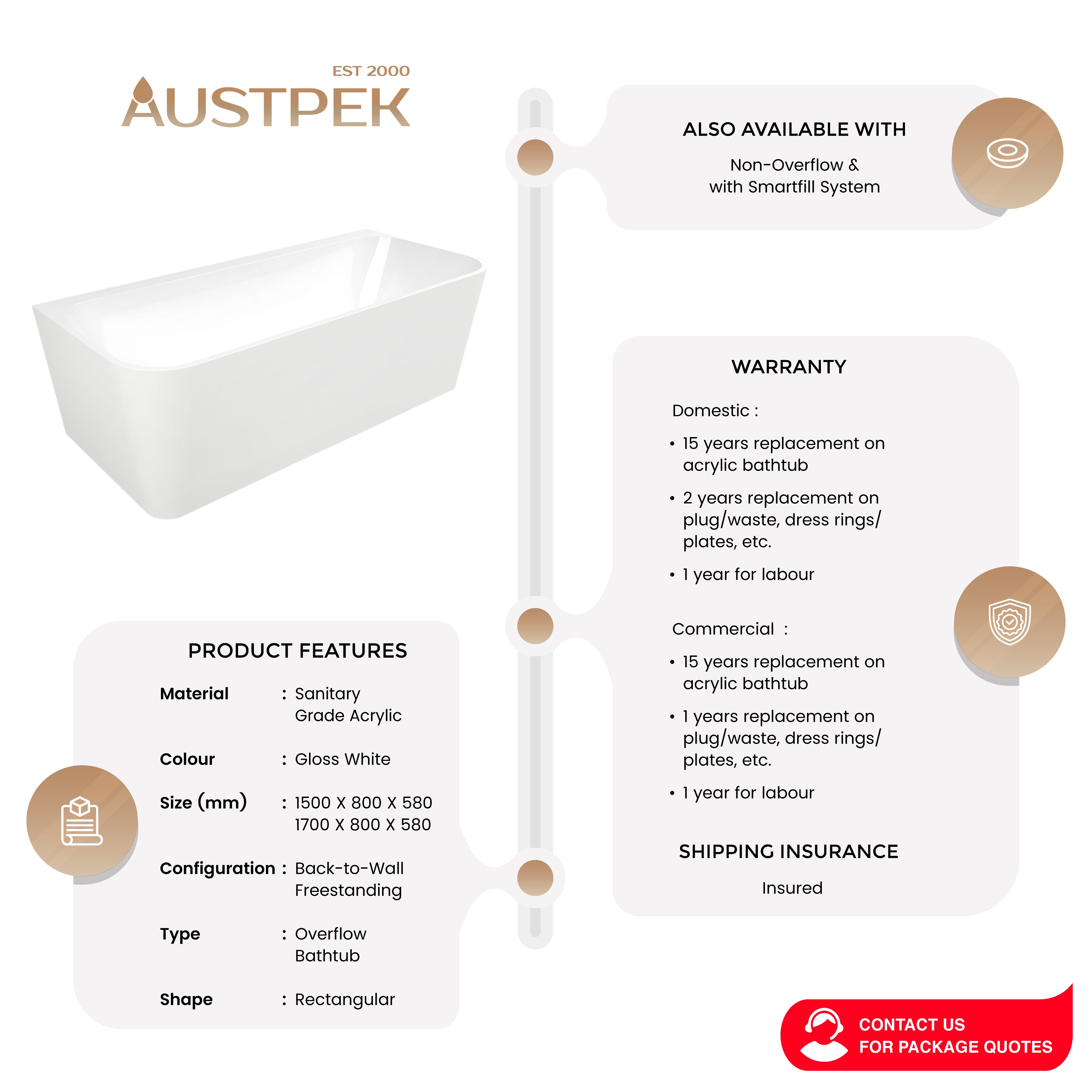 SEIMA PLATI 130 BACK-TO-WALL BATHTUB WITH OVERFLOW GLOSS WHITE (AVAILABLE IN 1500MM AND 1700MM)