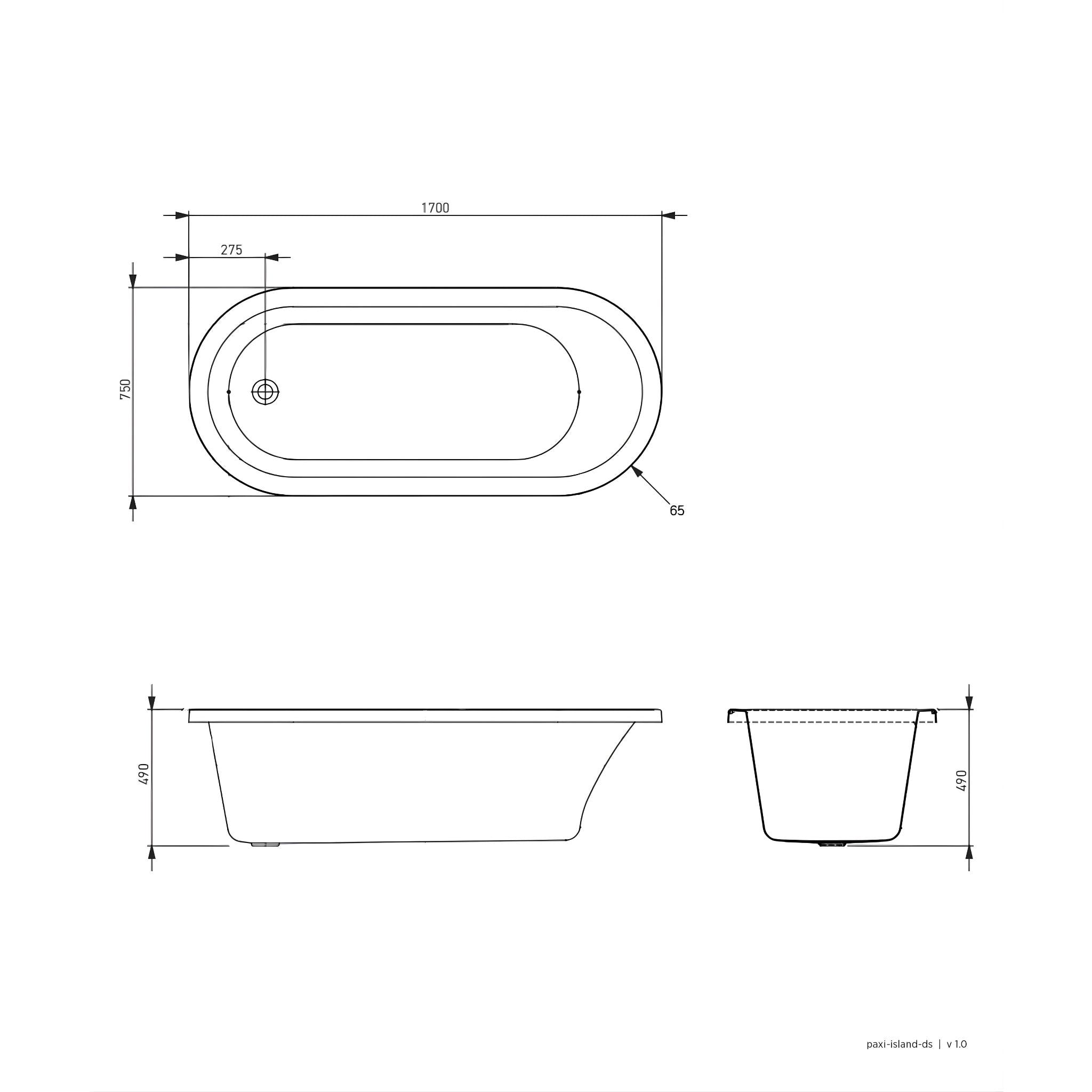 SEIMA LIMNI 135 ISLAND BATHTUB WITH OVERFLOW GLOSS WHITE 1700MM