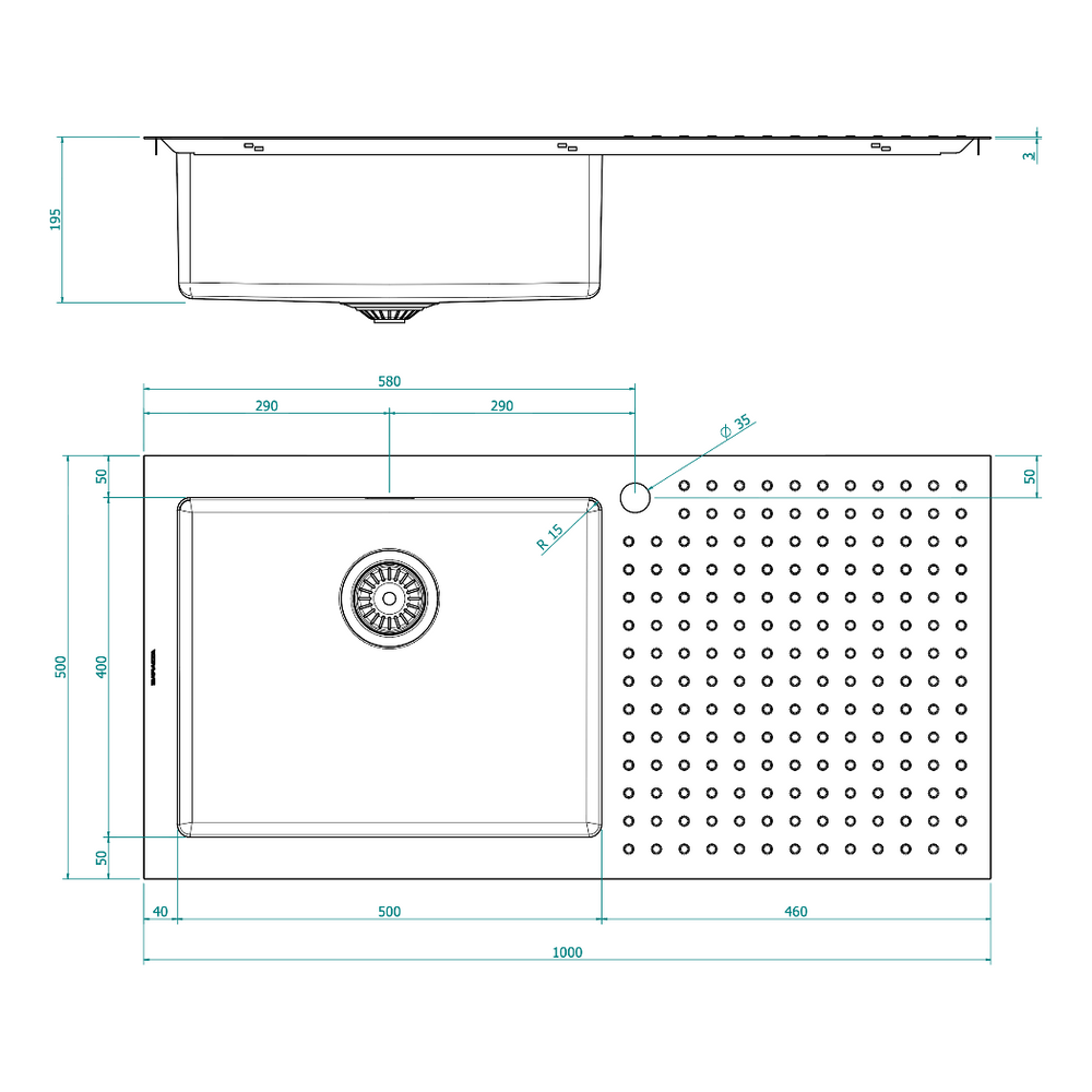 BARAZZA 1ISX100L KITCHEN SINK TECHNICAL DRAWING WITH DIMENSIONS