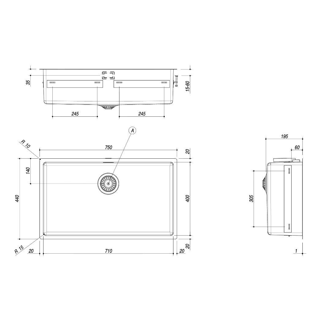 BARAZZA 1X7040I KITCHEN SINK TECHNICAL DRAWING WITH DIMENSIONS