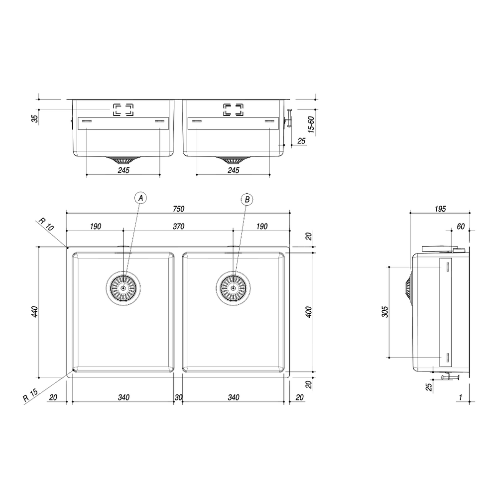 BARAZZA 1X842I KITCHEN SINK TECHNICAL DRAWING WITH DIMENSIONS