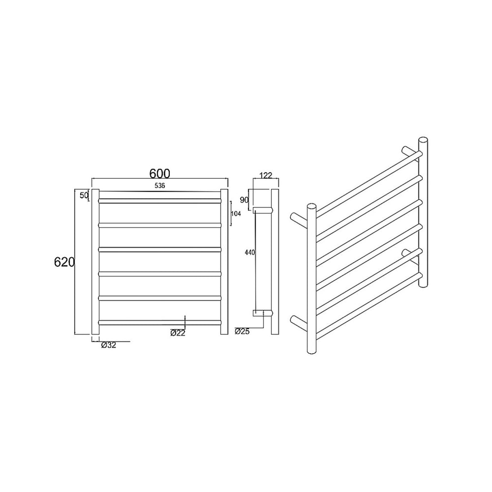 AQUAPERLA 6-BAR ROUND LADDER HEATED TOWEL RAIL 620MM BRUSHED GUN METAL