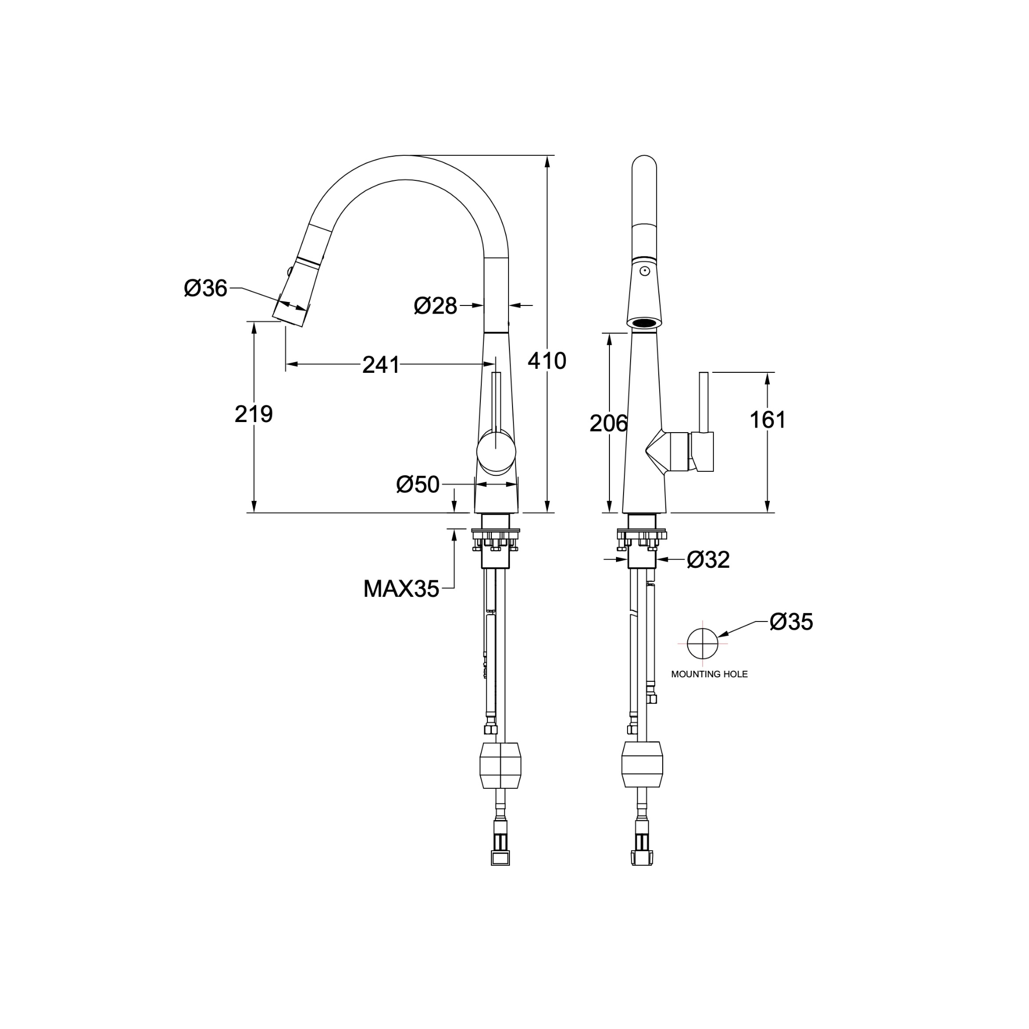 LINSOL KASHI LEAD FREE PULL OUT SINK MIXER 410MM BRUSHED NICKEL
