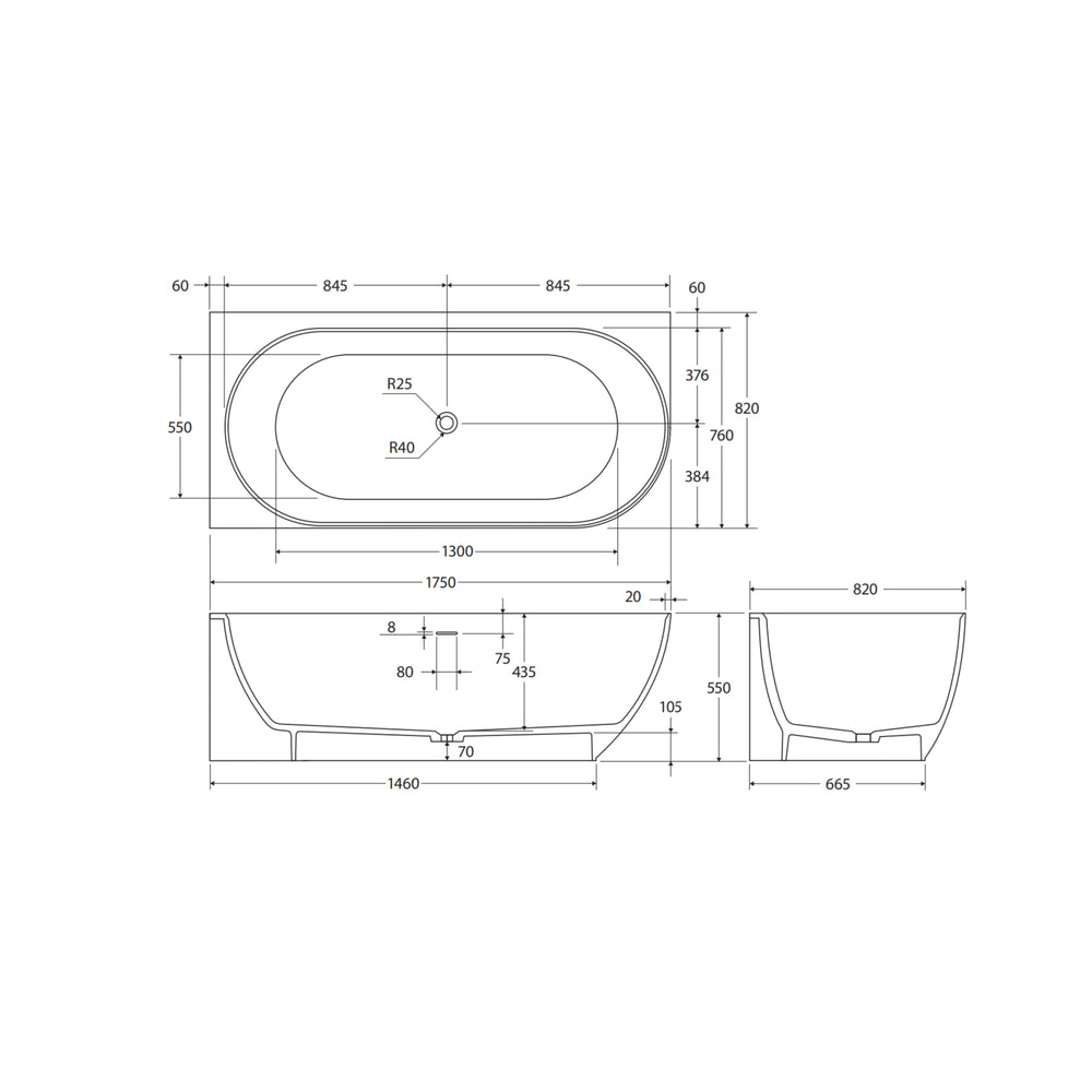 FIENZA MATTA SOLID SURFACE LEFT CORNER BATHTUB MATTE WHITE 1750MM