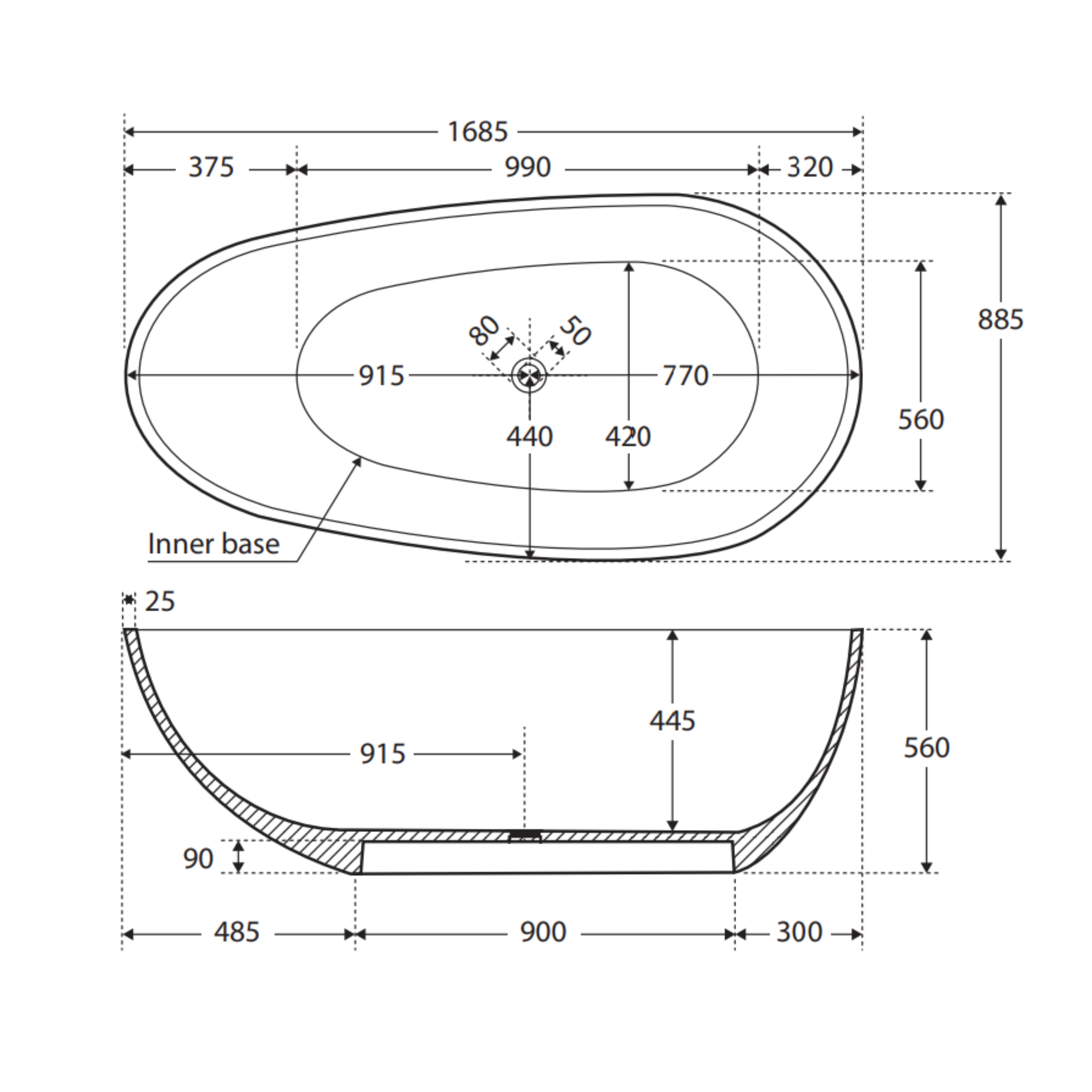 FIENZA BAHAMA SOLID SURFACE FREESTANDING BATHTUB MATTE WHITE (AVAILABLE IN 1500MM AND 1685MM)