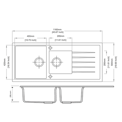 AQUAPERLA CARYSIL 1.5 BOWL DRAINER BOARD GRANITE STONE SINK BLACK 1160MM