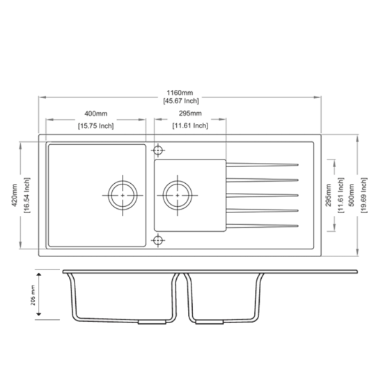 AQUAPERLA CARYSIL 1.5 BOWL DRAINER BOARD GRANITE STONE SINK BLACK 1160MM