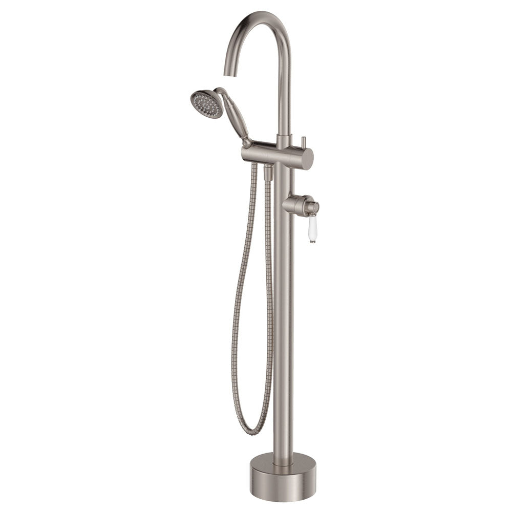 FIENZA ELEANOR FLOOR STANDING BATH MIXER WITH HAND SHOWER CERAMIC HANDLE BRUSHED NICKEL