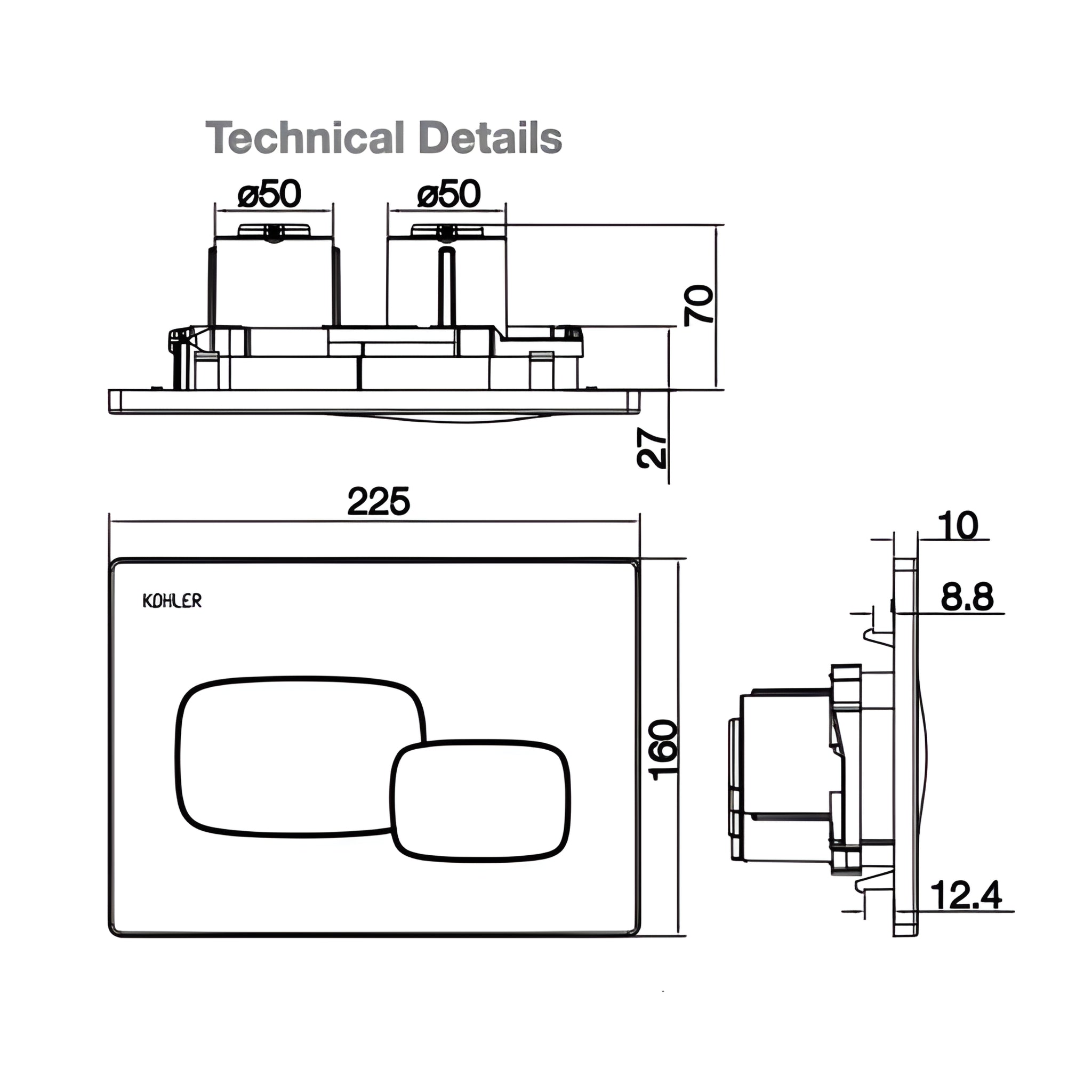 KOHLER PEBBLE PNEUMATIC FLUSH PLATE 225MM TITANIUM