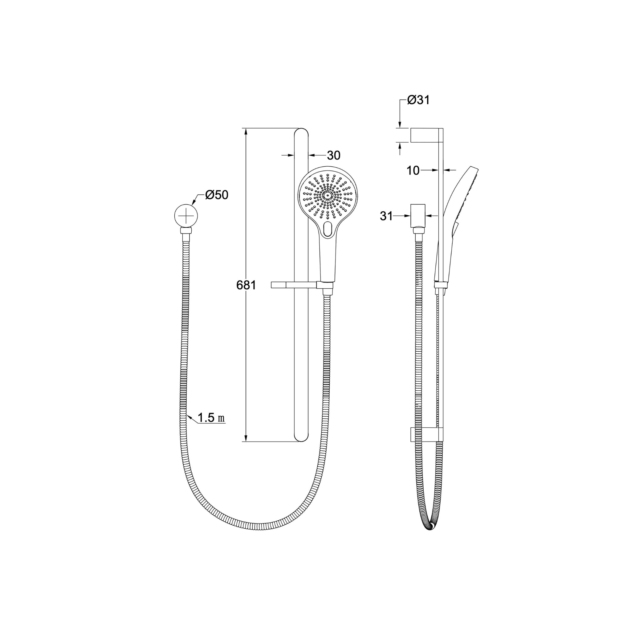 LINSOL OCEANJET SLIDING SHOWER RAIL 681MM BRUSHED BRASS