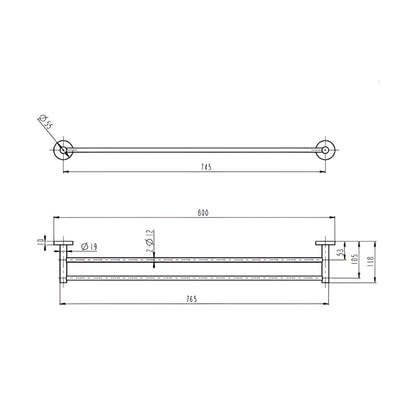 LINSOL LUX S2 LEAD FREE NON HEATED DOUBLE TOWEL RAIL 800MM BRUSHED NICKEL