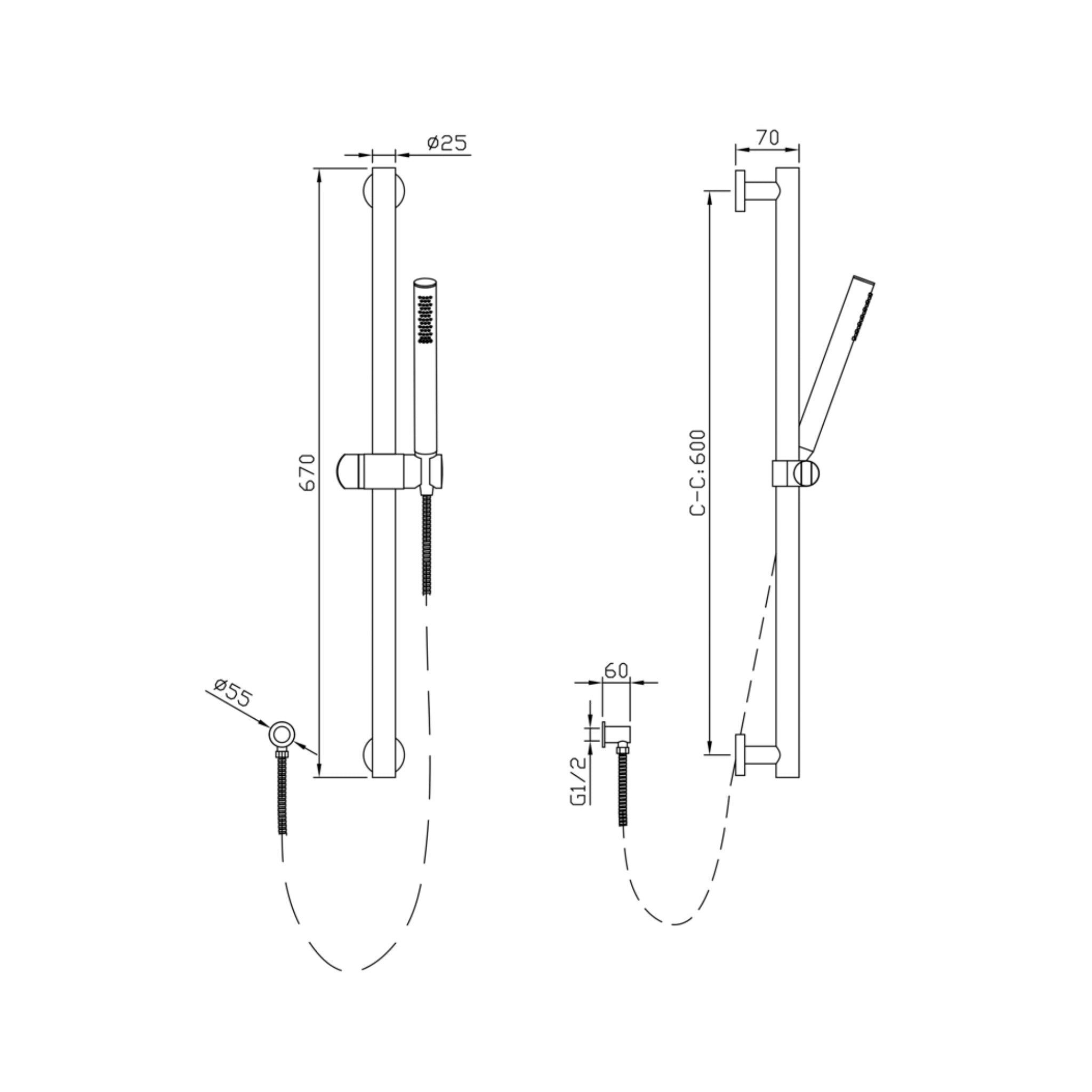 LINSOL MICO HAND SHOWER ON RAIL 670MM GUN METAL