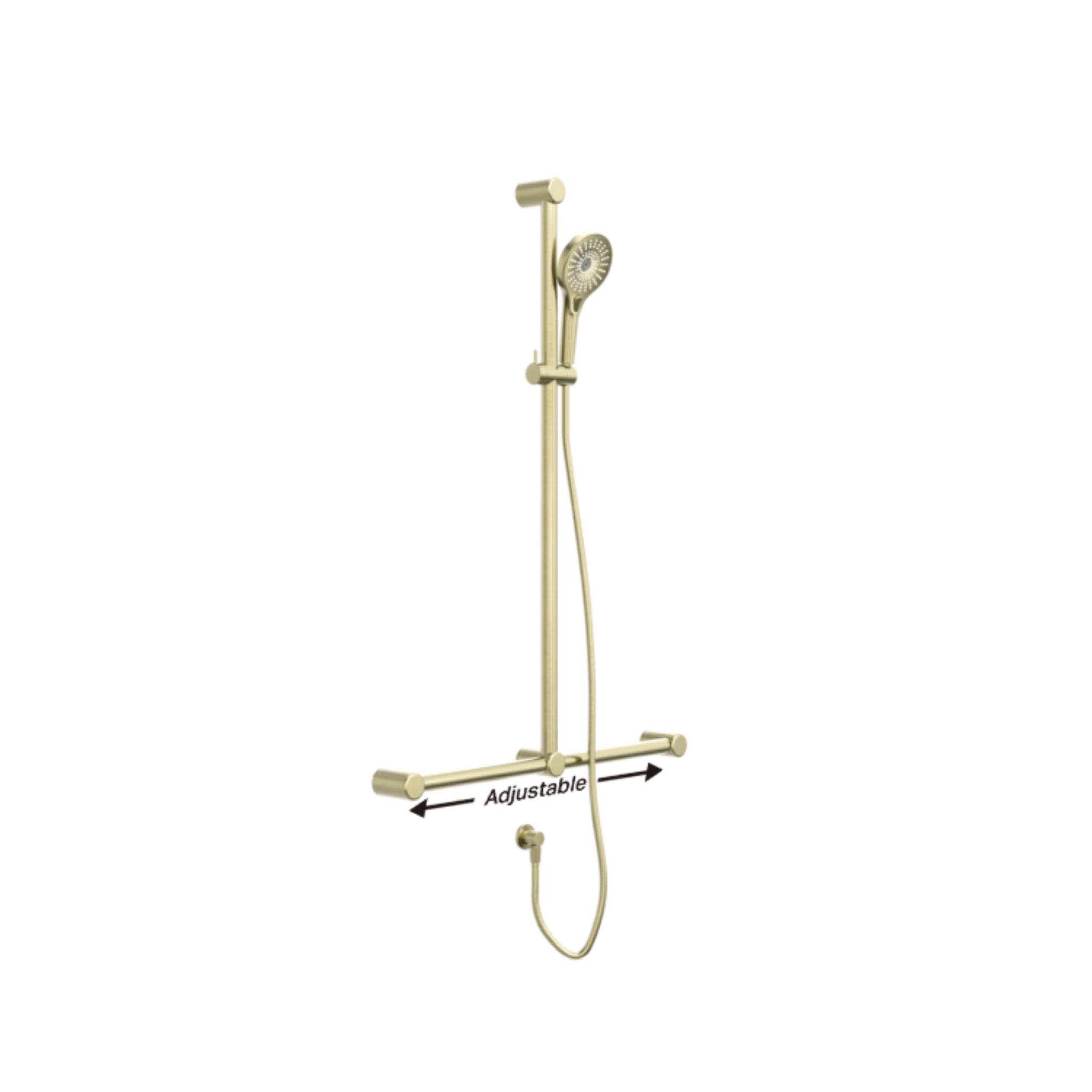 NERO MECCA CARE 32MM T BAR GRAB RAIL AND ADJUSTABLE SHOWER SET BRUSHED GOLD 1100MM X 750MM