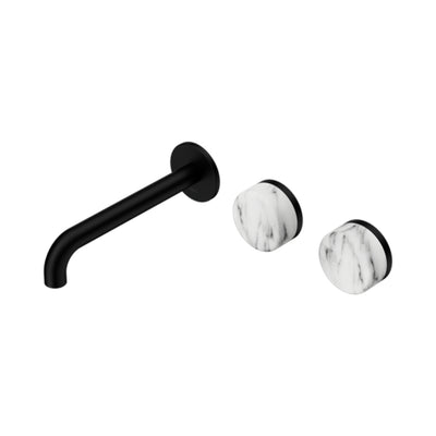 NERO SERENITY WALL BASIN SET OFFSET SPOUT WITH ARABESCATO CORCHIA HANDLE MATTE BLACK (AVAILABLE IN 160MM, 185MM AND 220MM)