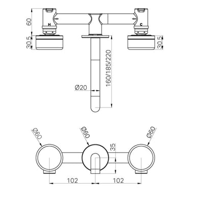 NERO SERENITY WALL BASIN SET SPOUT WITH ROME TRAVERTINE HANDLE BRUSHED BRONZE (AVAILABLE IN 160MM, 185MM AND 220MM)