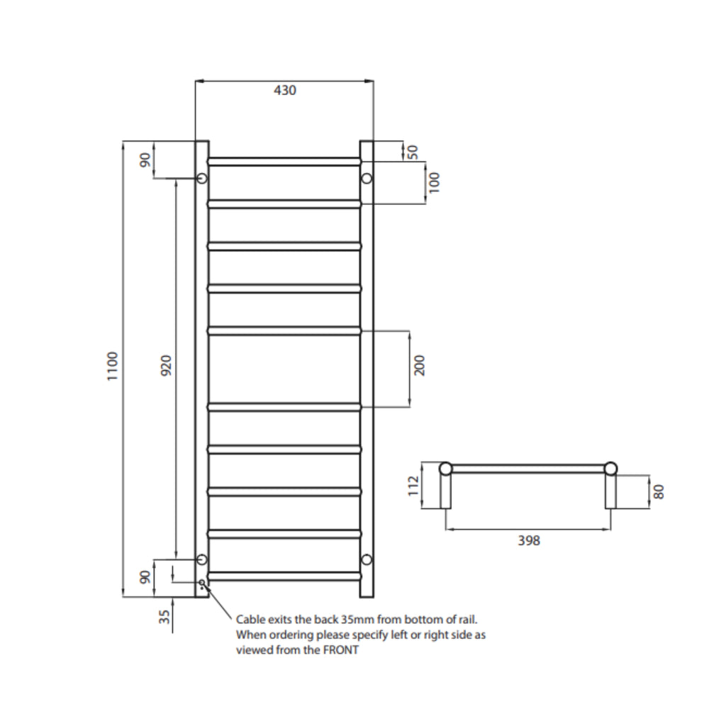 RADIANT HEATING 10-BARS ROUND HEATED TOWEL RAIL COOL BRUSHED NICKEL 430MM