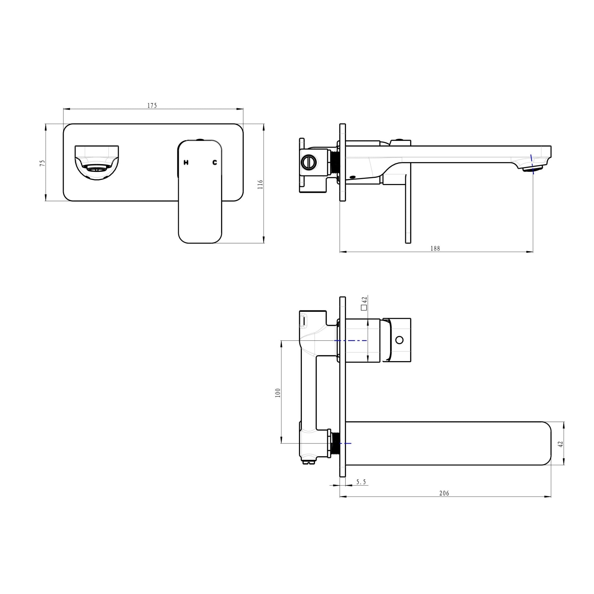 LINSOL ZIA WALL BASIN / BATH MIXER 175MM MATTE BLACK