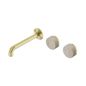NERO SERENITY WALL BASIN SET OFFSET SPOUT WITH ROME TRAVERTINE HANDLE BRUSHED GOLD (AVAILABLE IN 160MM, 185MM AND 220MM)