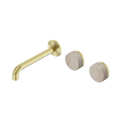 NERO SERENITY WALL BASIN SET OFFSET SPOUT WITH ROME TRAVERTINE HANDLE BRUSHED GOLD (AVAILABLE IN 160MM, 185MM AND 220MM)