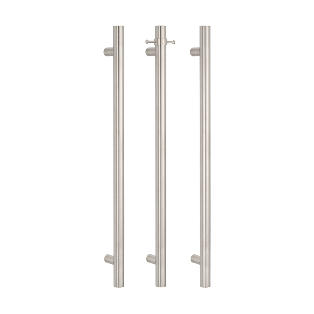 RADIANT HEATING VERTICAL ROUND HEATED SINGLE TOWEL RAIL COOL BRUSHED NICKEL 950MM