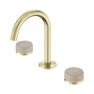 NERO SERENITY BASIN SET ARC SPOUT WITH ROME TRAVERTINE HANDLE 210MM BRUSHED GOLD